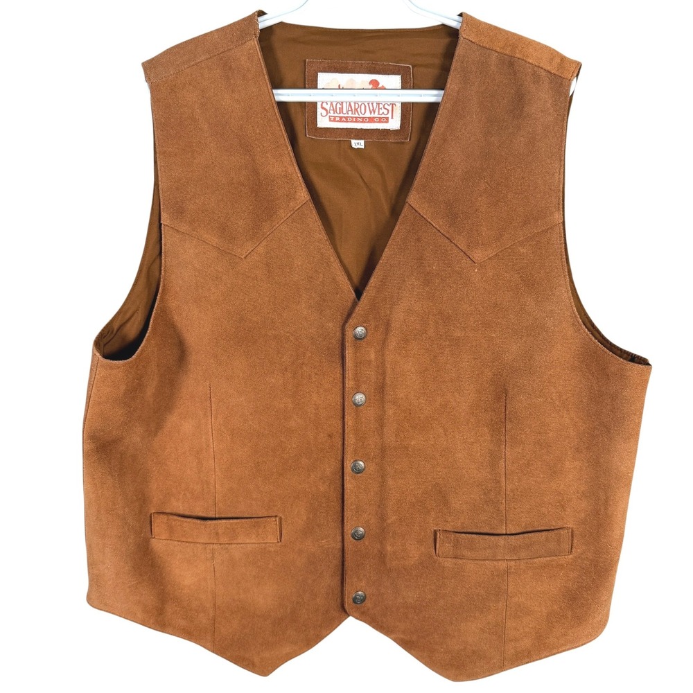 Saguaro West Leather Suede Vest Mens 2XL Brown Western Star Button Yoke